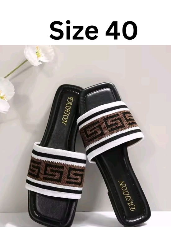 Fashion Web Accessories - Brown Patterned Strap Black Slide Sandals - Fashion